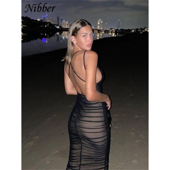 Nibber Sexy Mesh Pleated Long Prom Dresses For Women's Clothing Solid Color Beach Party Wear Midi Wrap Dress Street Outfit